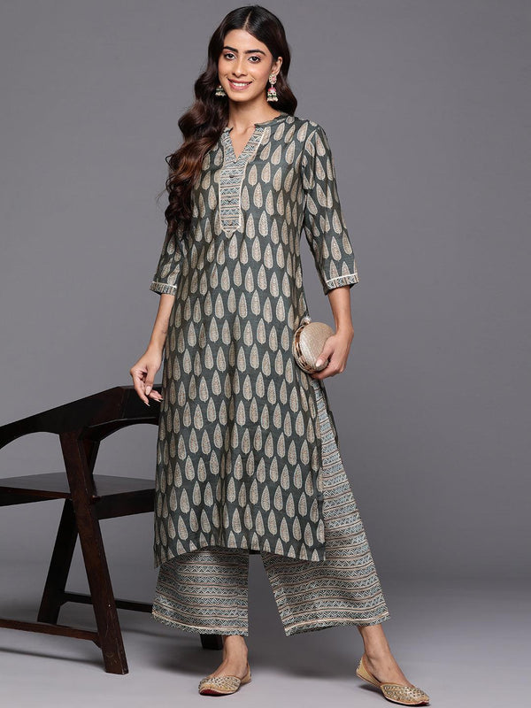 Olive Printed Silk Blend Straight Kurta With Palazzos - Jashvi