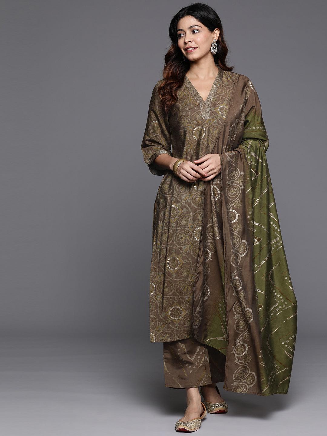 Olive Printed Silk Blend Straight Kurta With Trousers & Dupatta - Jashvi