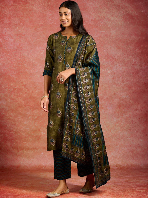 Olive Printed Silk Blend Straight Kurta With Trousers & Dupatta - Jashvi