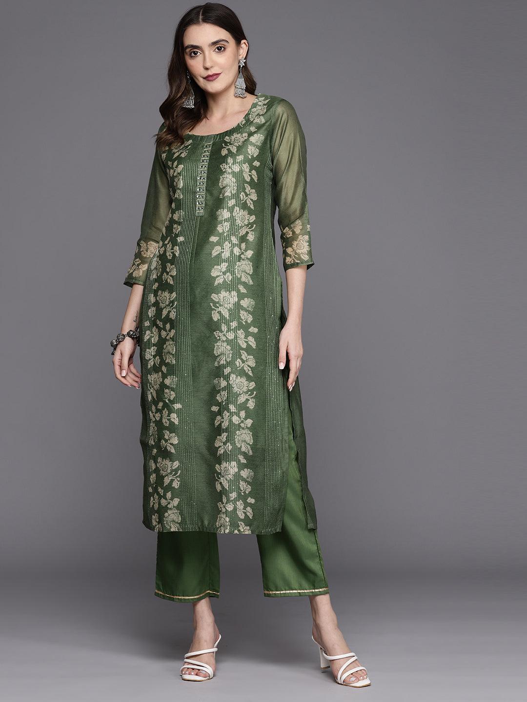 Olive Printed Silk Blend Straight Kurta With Trousers - Jashvi