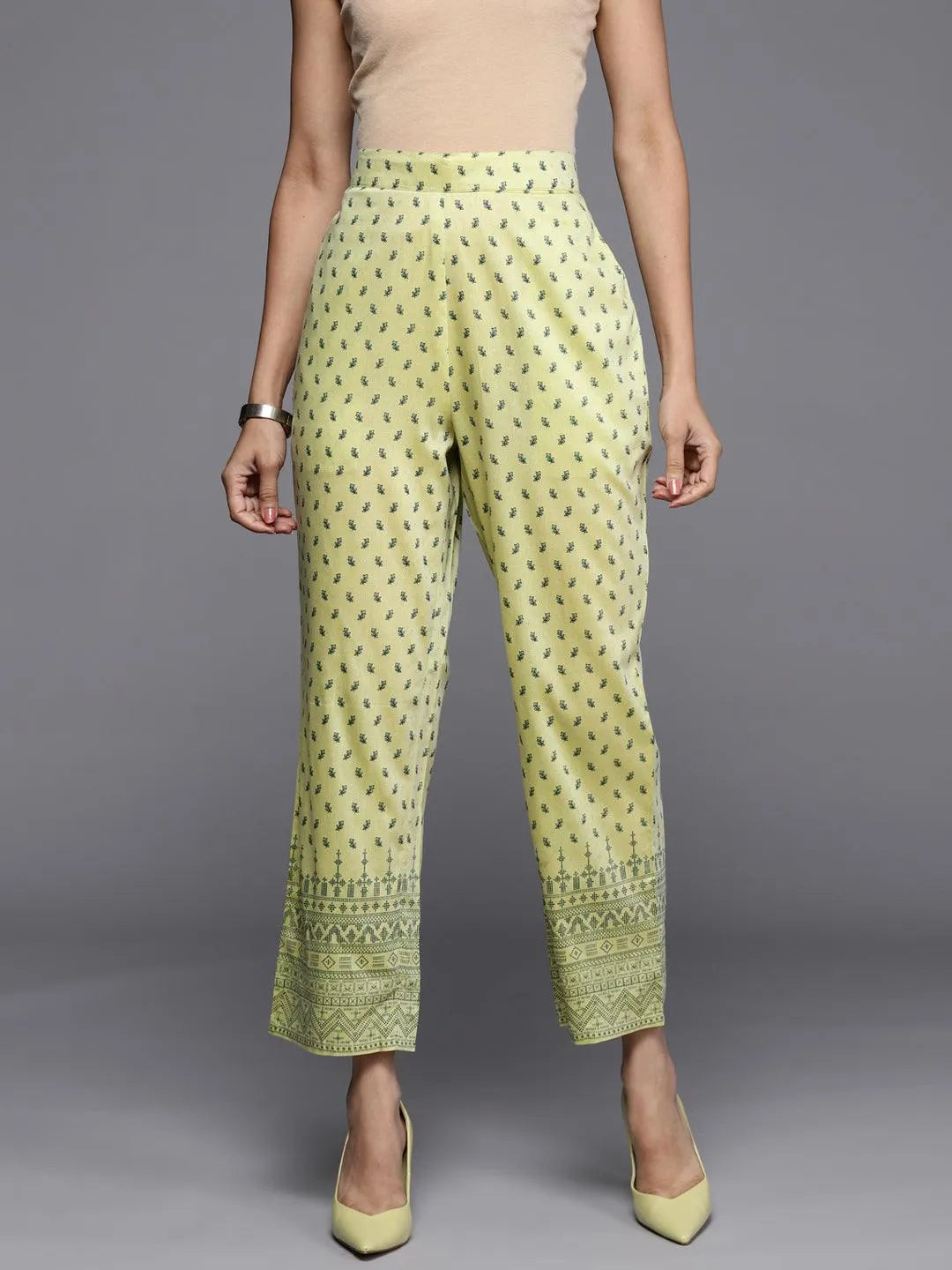 Olive Printed Silk Trousers - Jashvi