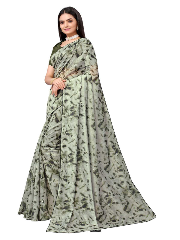 Women's Olive Pure Cotton Embroidered Saree With Blouse - Odette