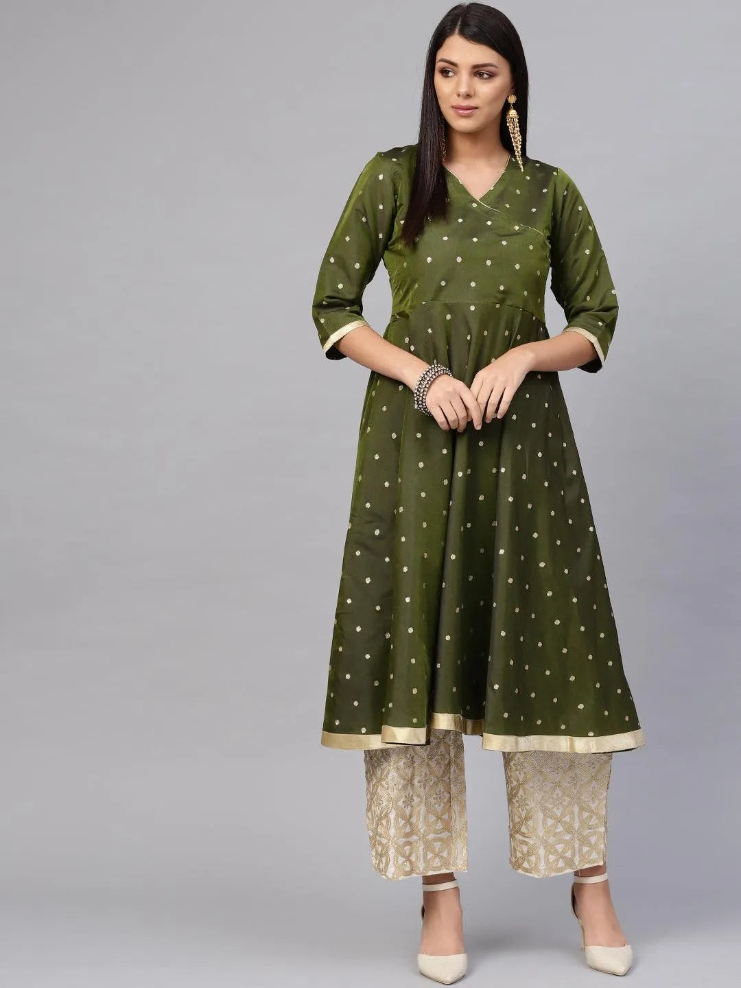 Olive Green Self Design Chanderi Kurta Set - Jashvi