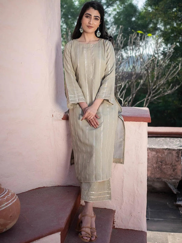 Olive Green Self Design Chanderi Silk Kurta Set - Jashvi