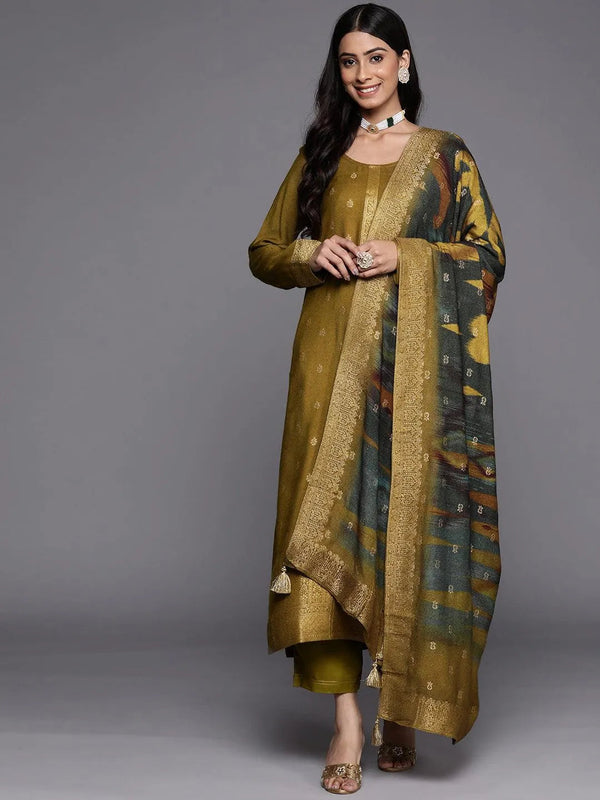 Olive Self Design Pashmina Wool Straight Suit Set - Jashvi