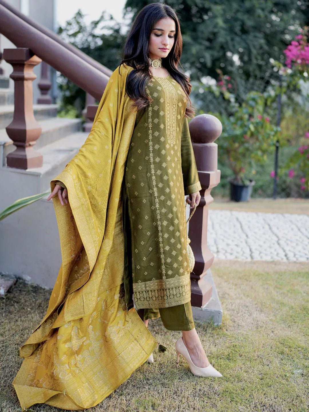 Olive Self Design Pashmina Wool Straight Suit Set - Jashvi