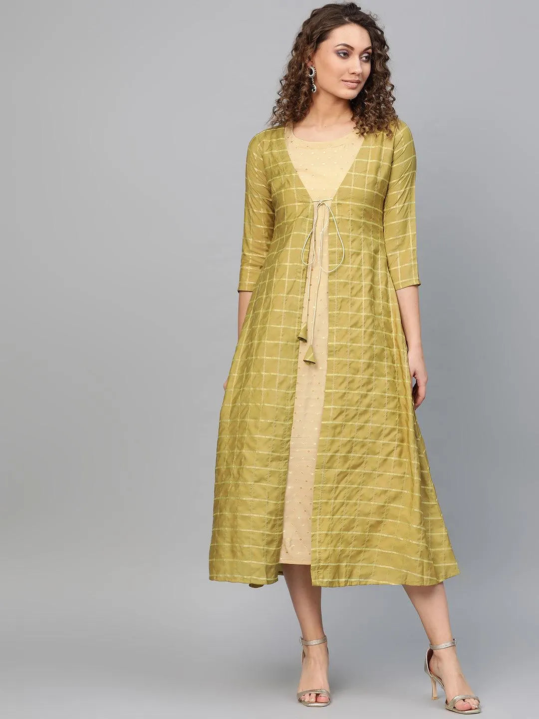 Olive Self Design Polyester Dress With Jacket - Jashvi