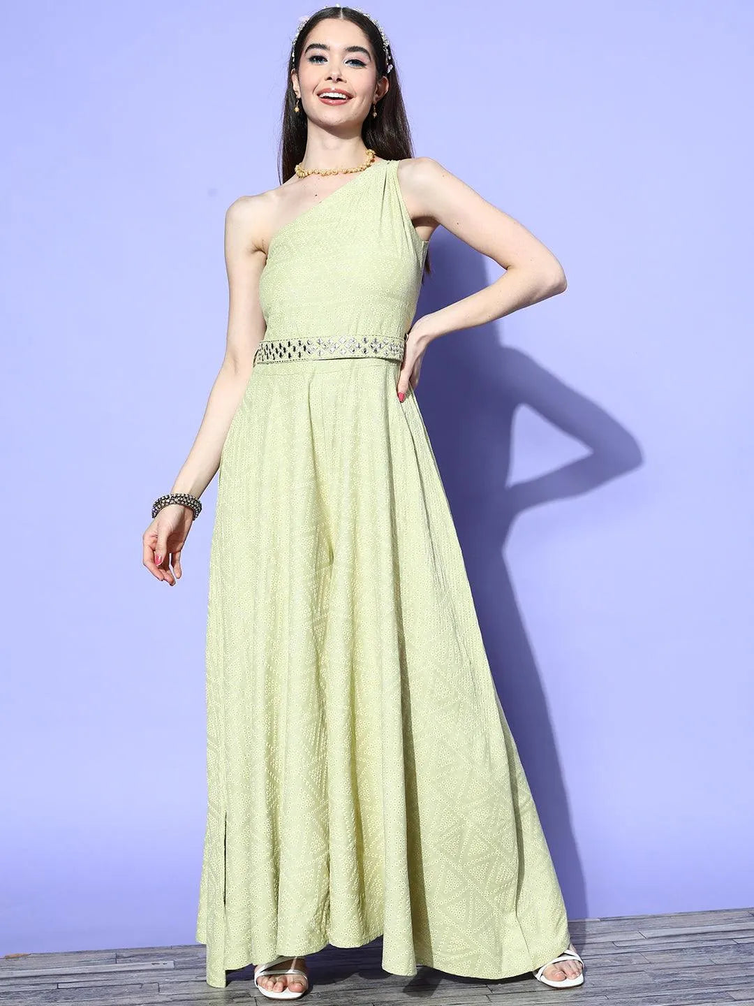 Olive Self Design Silk Jumpsuit - Jashvi