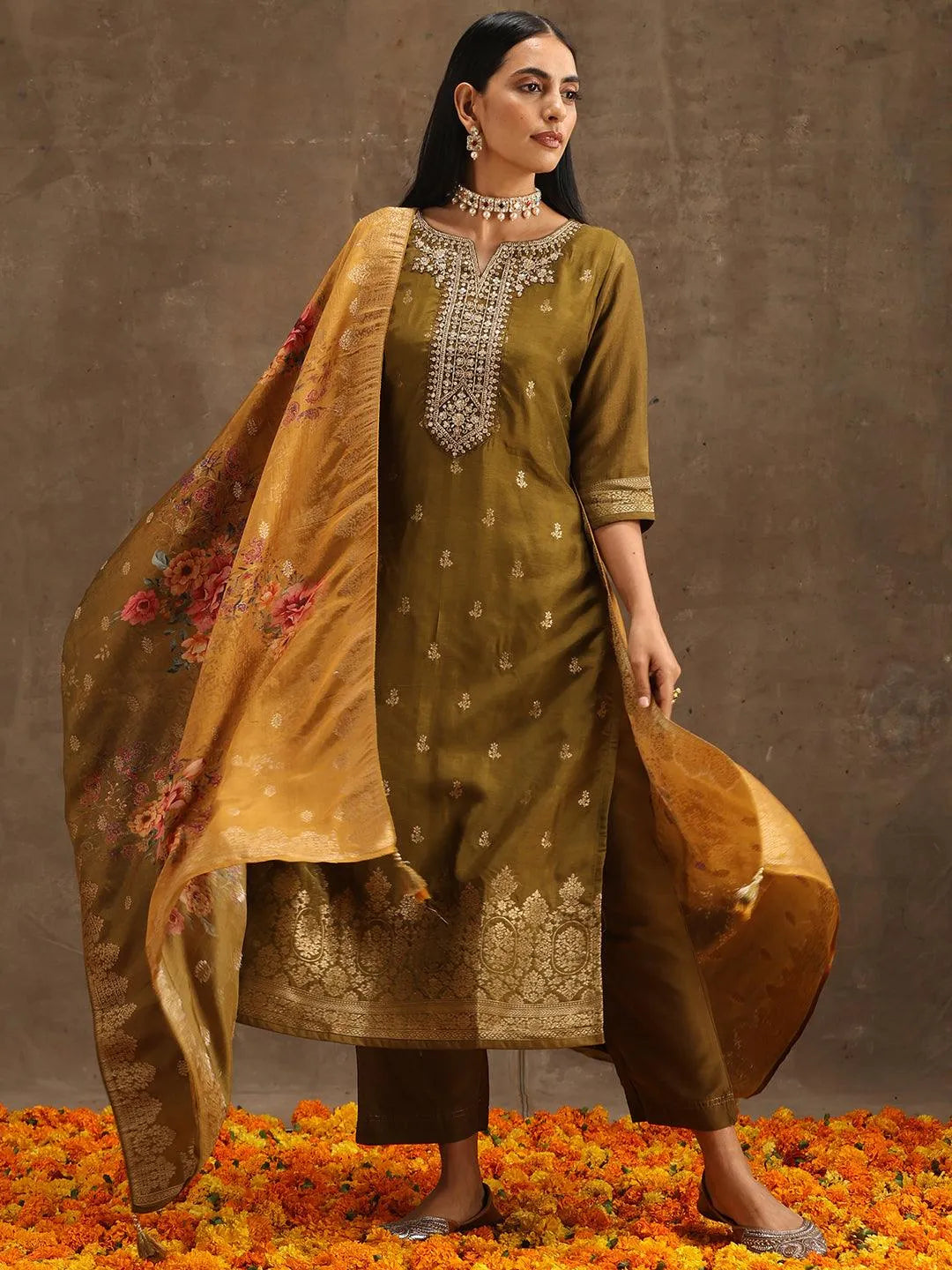 Olive Self Design Silk Suit Set With Trousers - Jashvi