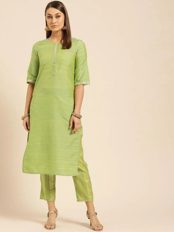 Olive Green Self Design Silk Kurta Set - Jashvi