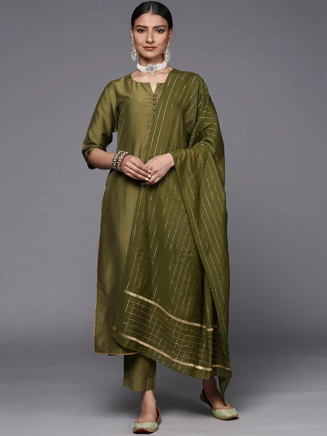 Olive Solid Silk Blend Straight Suit Set - Jashvi