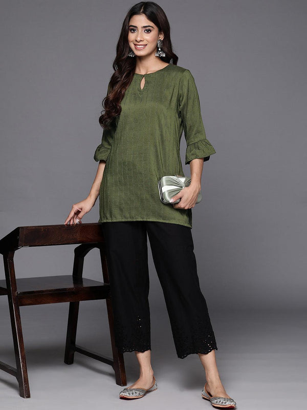 Olive Striped Silk Blend Straight Kurti - Jashvi