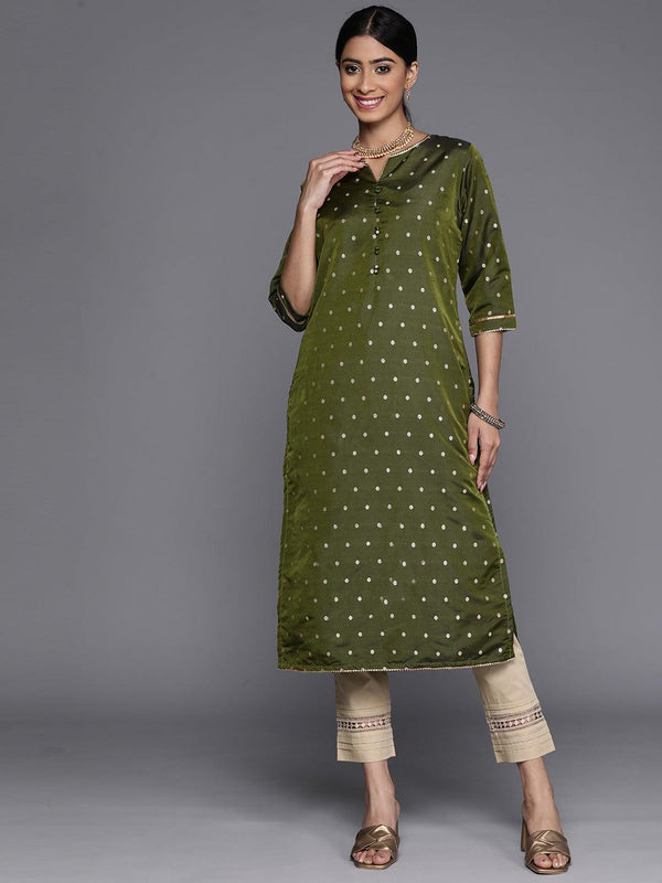 Olive Woven Design Art Silk Straight Kurta - Jashvi