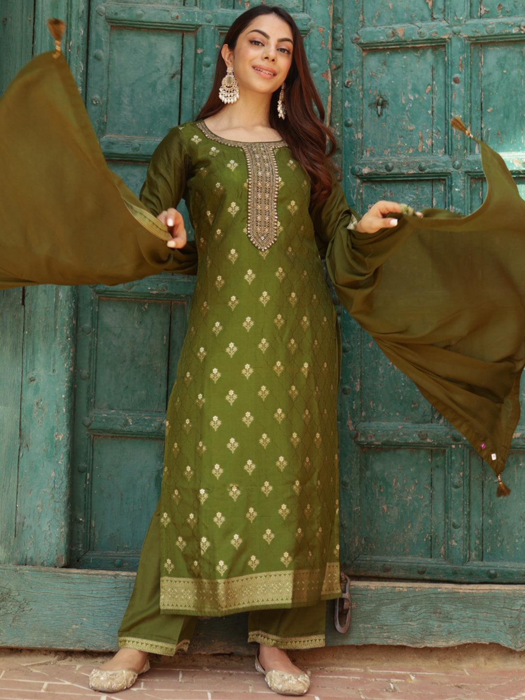 Olive Woven Design Silk Blend Straight Kurta With Trousers & Dupatta - Jashvi