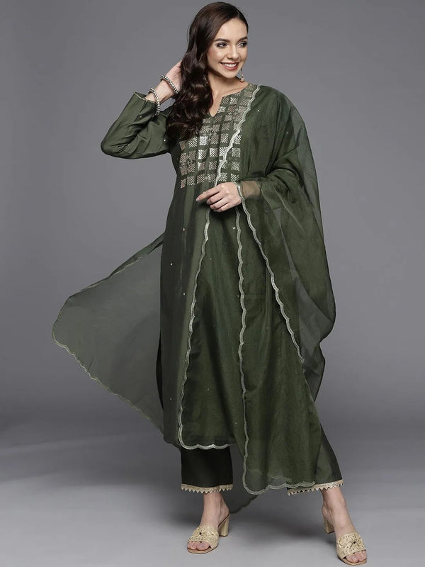 Olive Yoke Design Chanderi Silk Straight Suit Set - Jashvi