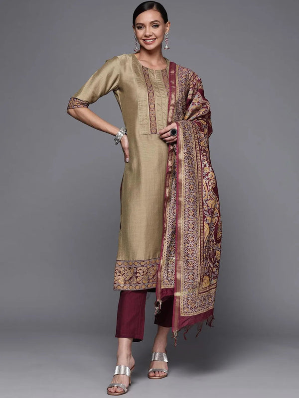 Olive Yoke Design Silk Blend Straight Suit Set - Jashvi