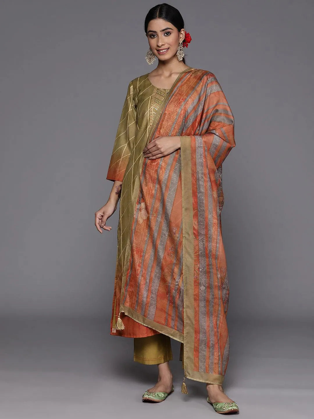 Olive Yoke Design Silk Blend Suit Set With Trousers - Jashvi