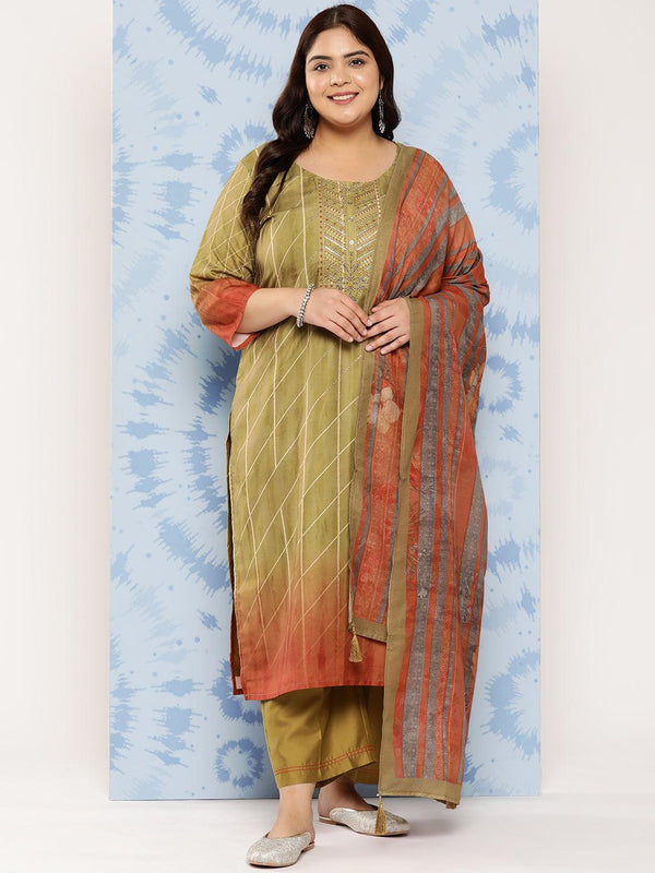 Olive Yoke Design Silk Blend Straight Kurta With Trousers and Dupatta - Jashvi