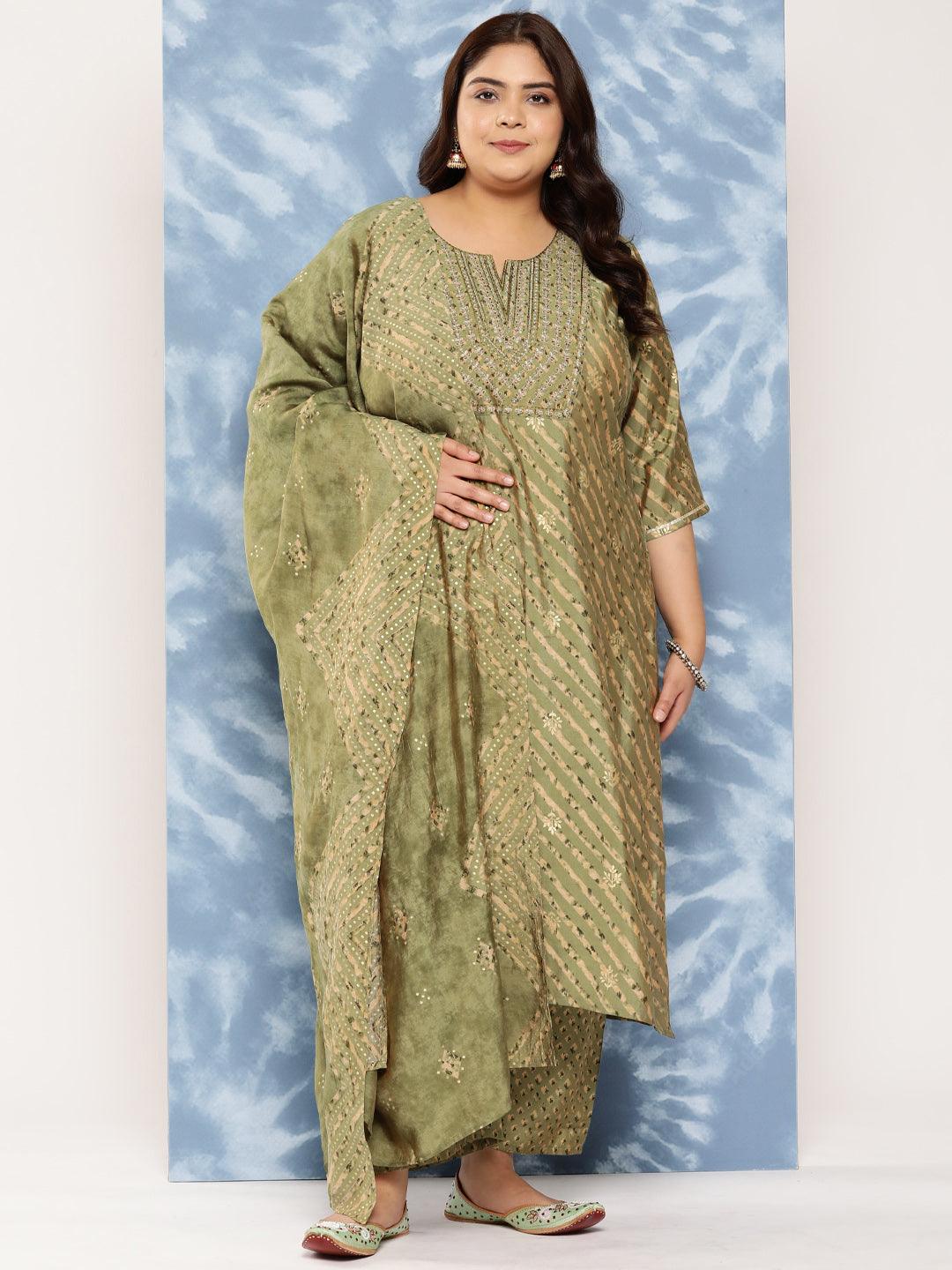 Olive Yoke Design Silk Blend Straight Kurta With Trousers and Dupatta - Jashvi