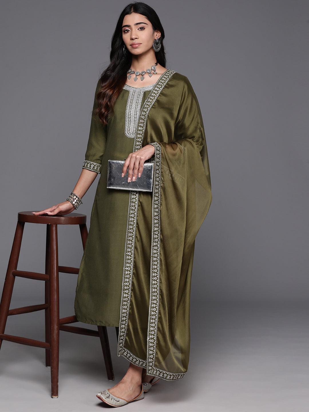 Olive Yoke Design Silk Blend Straight Kurta With Trousers & Dupatta - Jashvi