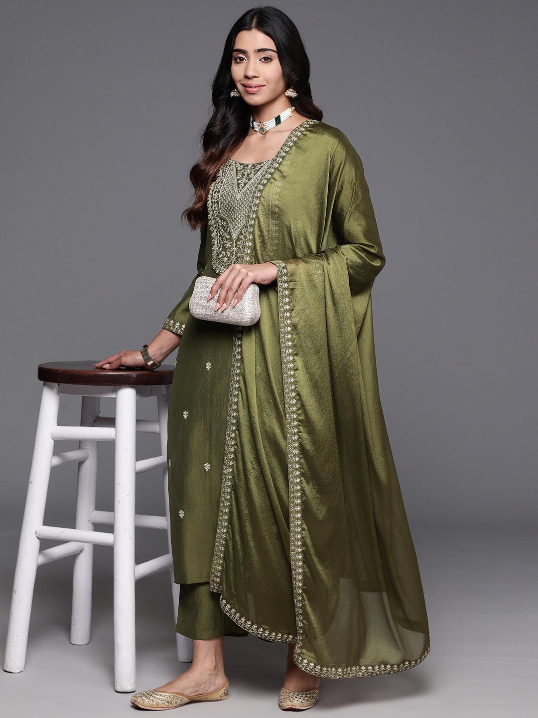 Olive Yoke Design Silk Blend Straight Kurta With Trousers & Dupatta - Jashvi