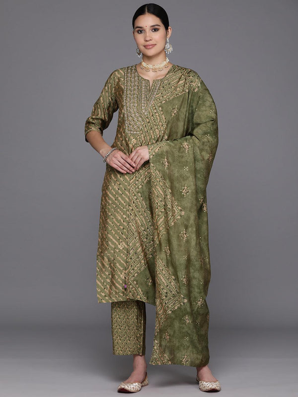 Olive Yoke Design Silk Blend Straight Suit Set With Trousers - Jashvi