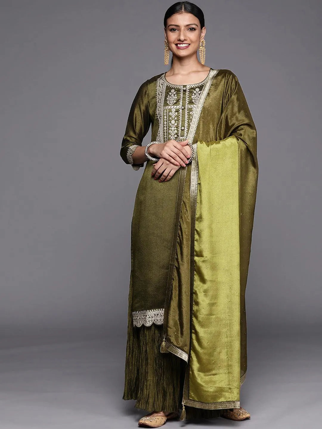 Olive Yoke Design Silk Blend Straight Suit Set - Jashvi