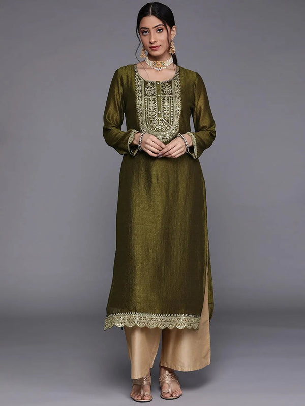 Olive Yoke Design Silk Kurta - Jashvi