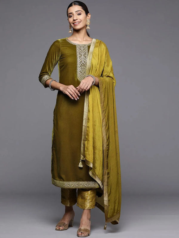 Olive Yoke Design Velvet Straight Suit Set - Jashvi