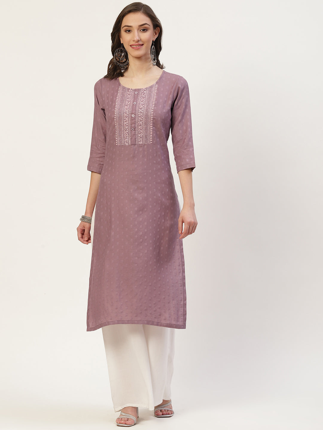 Women's Purple Cotton Embroidered Straight Kurta - Vaaba