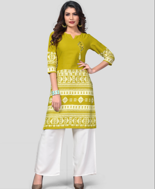 Women's Mehendi Green Color Cotton Straight Kurta  (1Pc) - Vbuyz