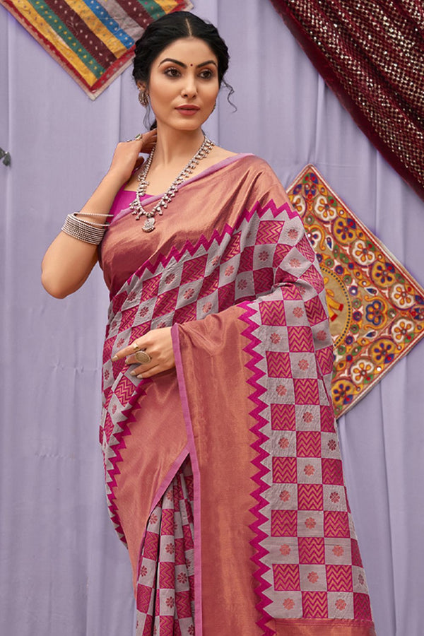 Women's Pink Cotton Woven Zari Work Traditional Tassle Saree - Sangam Prints