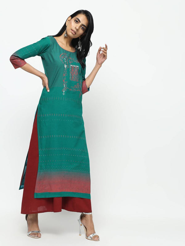 Women's Green Straight Printed Kurta Only - Cheera