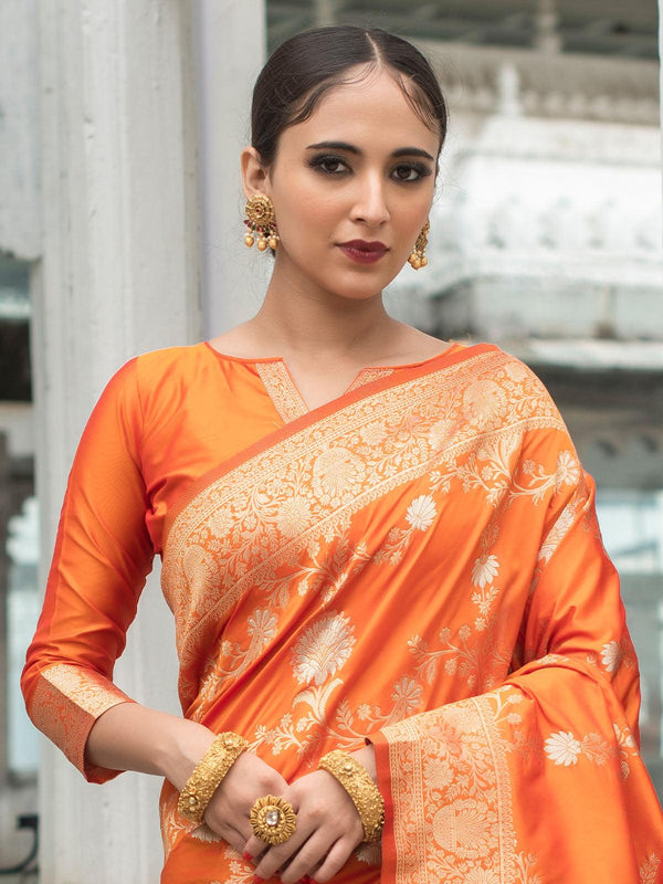 Women's Orange Banarasi Silk Exclusive Wevon Designer Saree - Odette