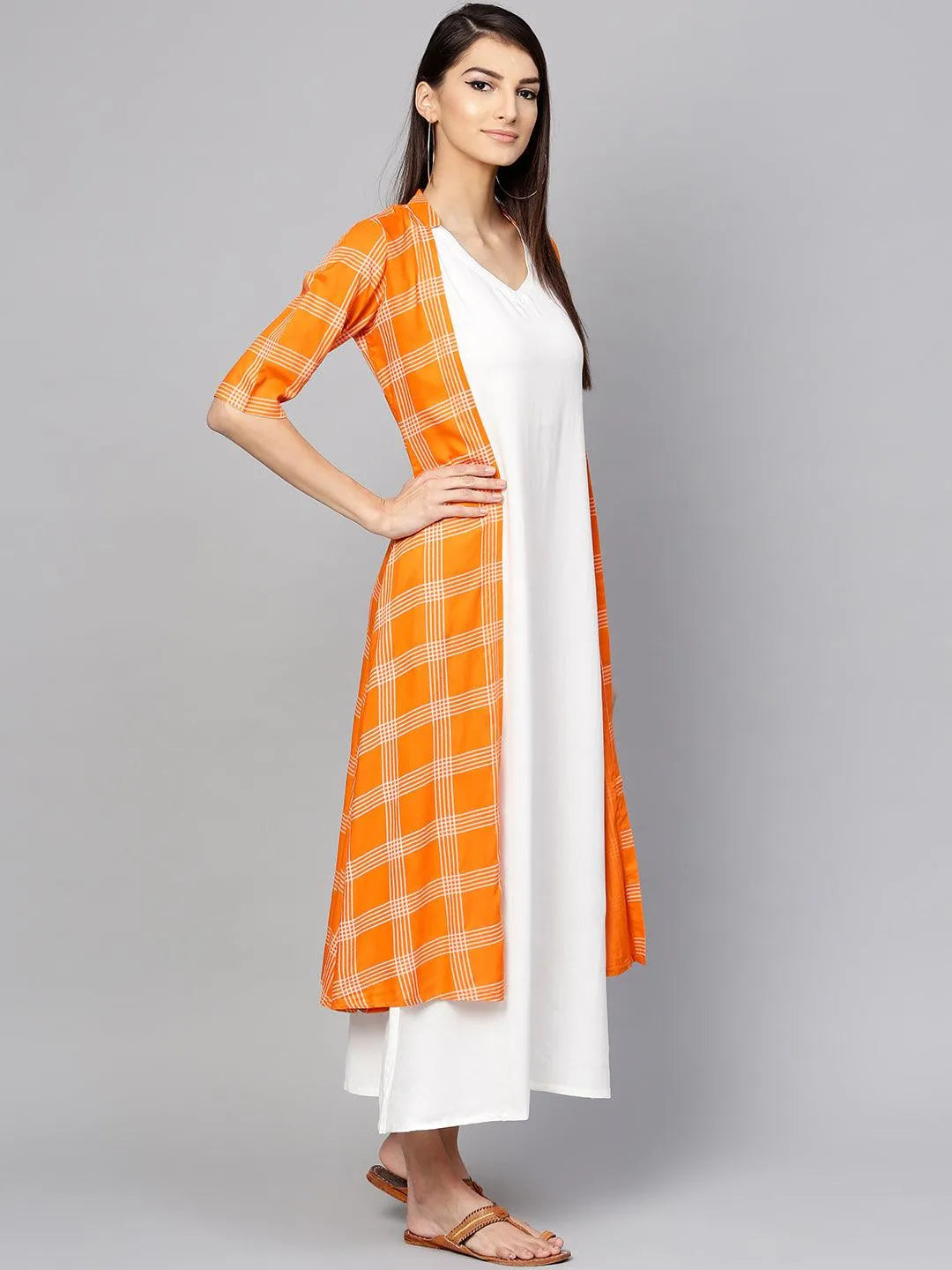 Orange Checkered Rayon Dress With Jacket - Jashvi