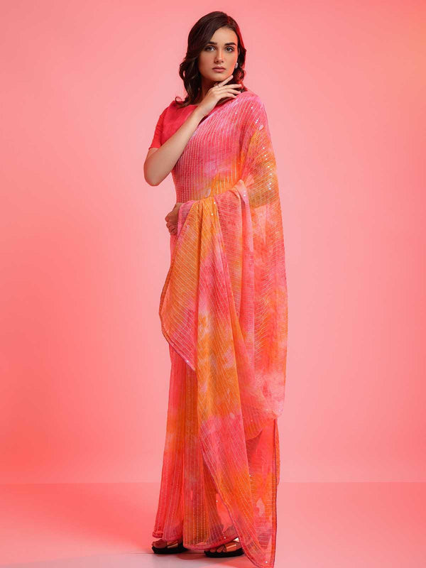 Women's Orange Chiffon With Sequence Work Sequence Saree - Odette