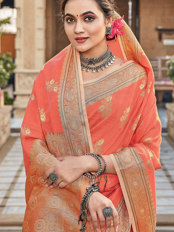 Women's Orange Color Cotton Saree Pair With Cotton Blouse - Odette