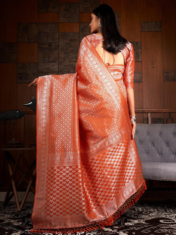 Women's Orange Color Traditional Wear Raw Silk Saree - Odette