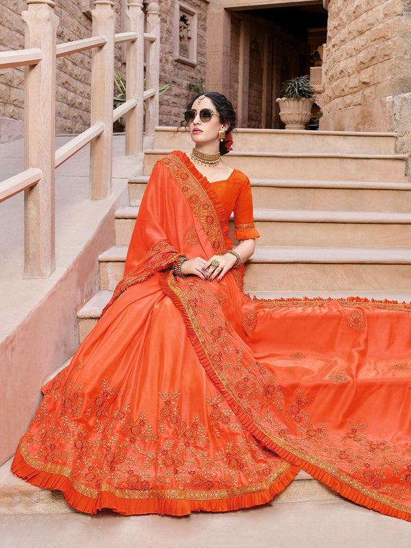 Women's Orange Designer Art Silk Heavy Embroidered Saree - Odette