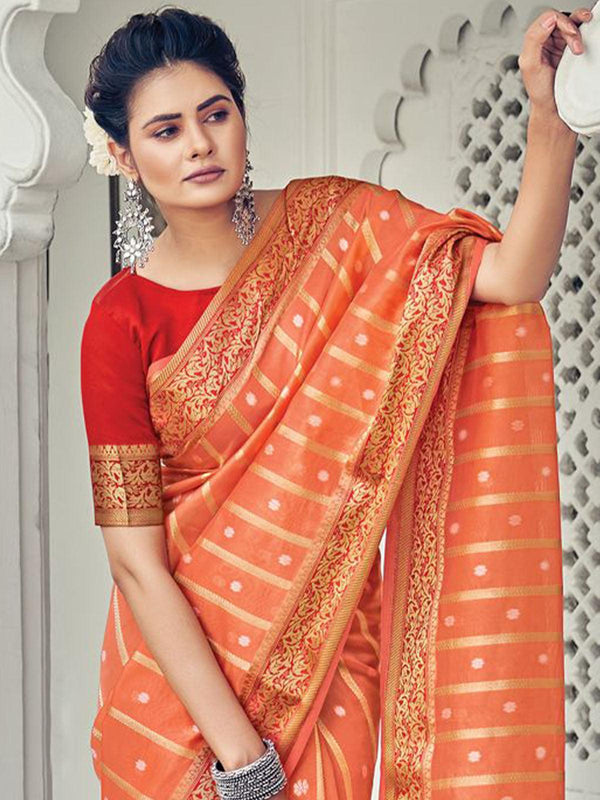 Women's Orange Elegantly Woven Organza Saree - Odette