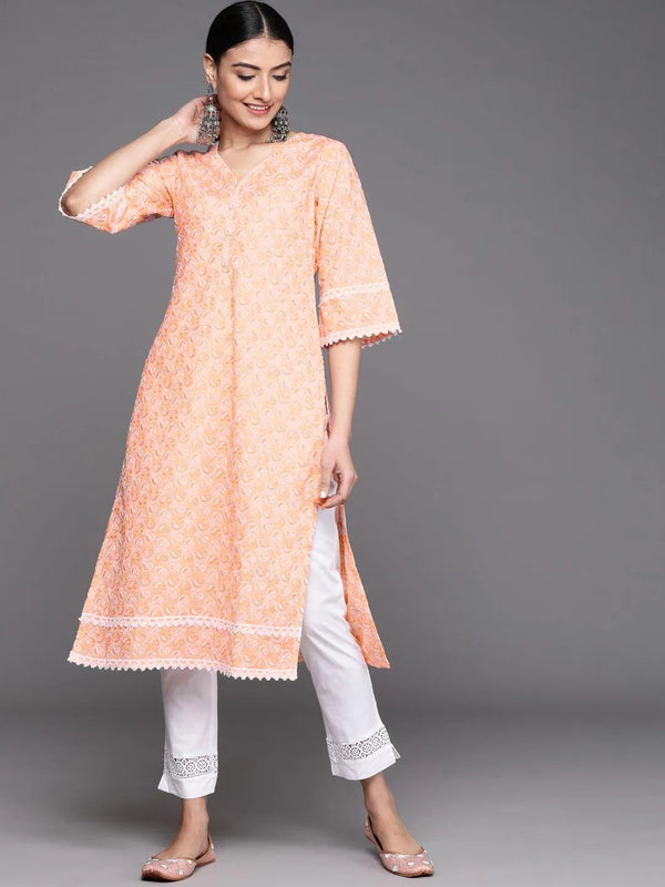 Orange Embroidered Cotton Kurta - Jashvi