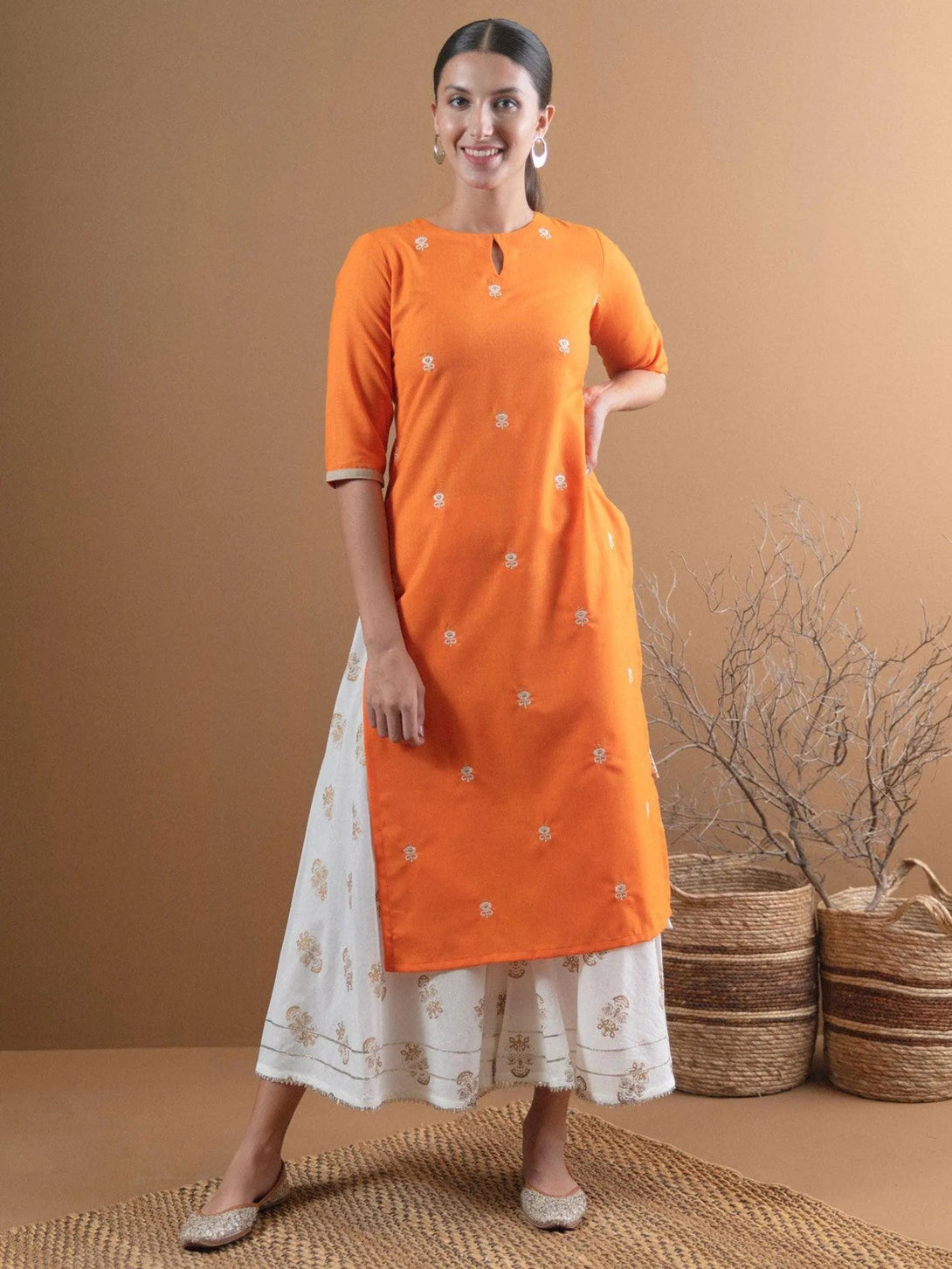 Orange Embroidered Cotton Kurta - Jashvi