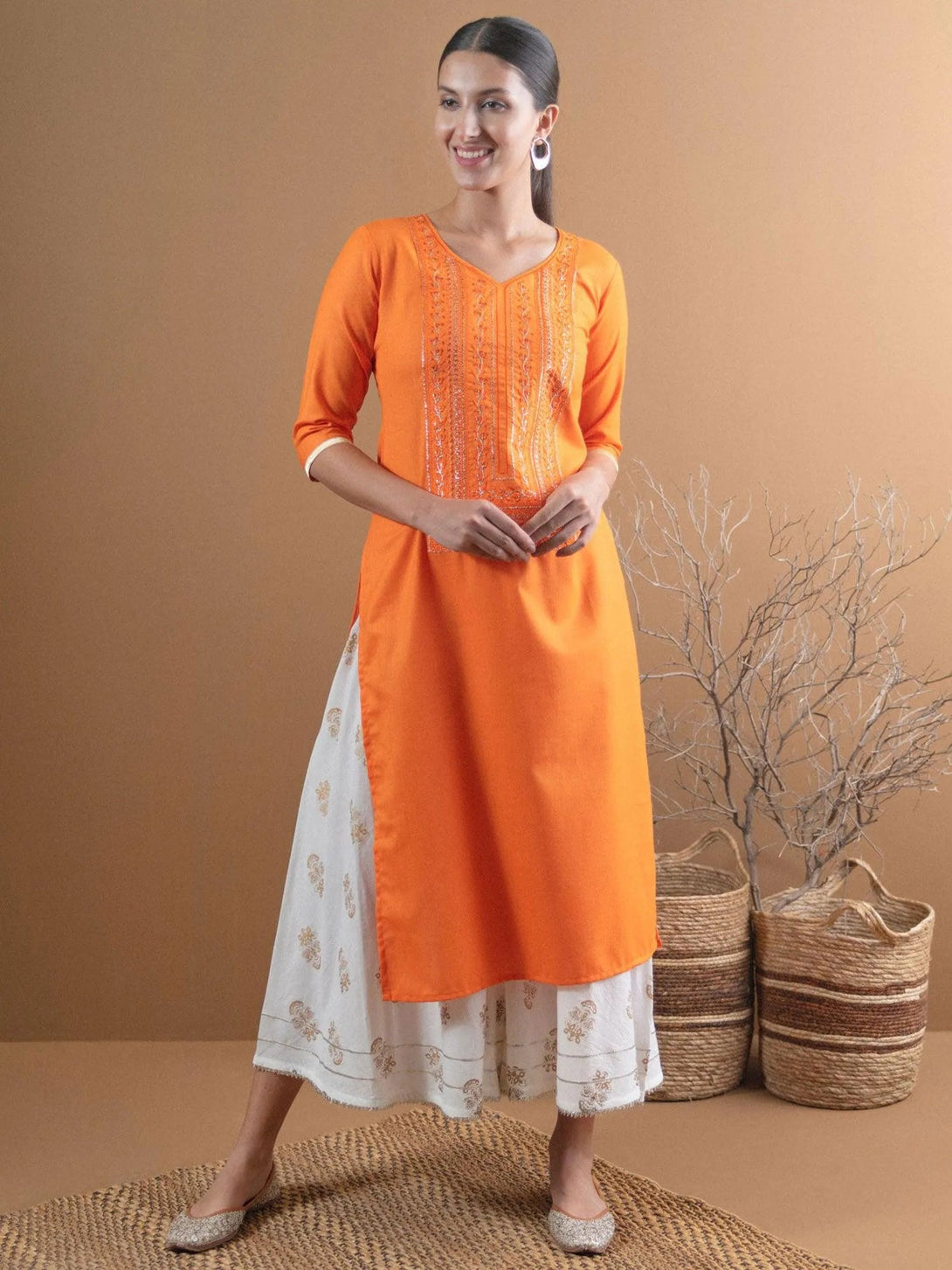 Orange Embroidered Cotton Kurta With Mask - Jashvi