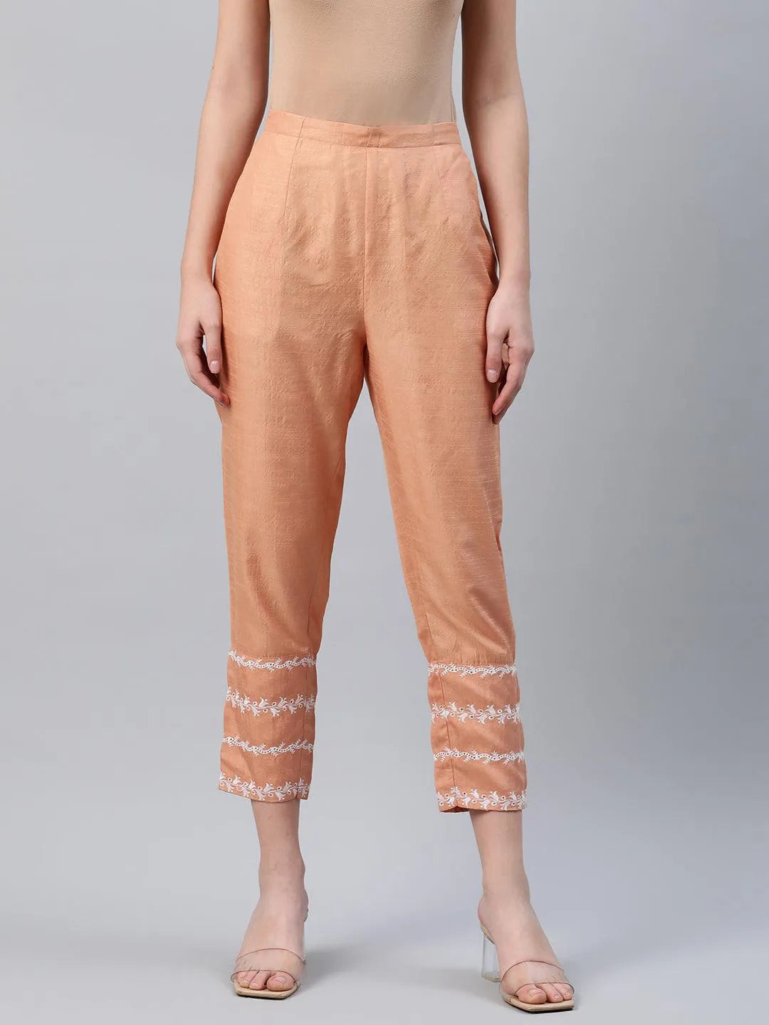 Orange Embroidered Silk Trousers - Jashvi