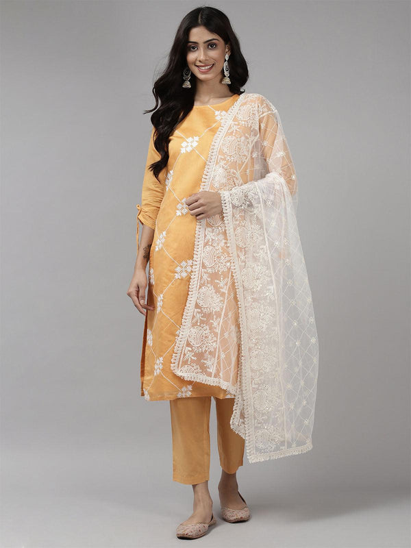 Women's Orange Embroidered Straight Kurta Trouser With Dupatta Set - Odette