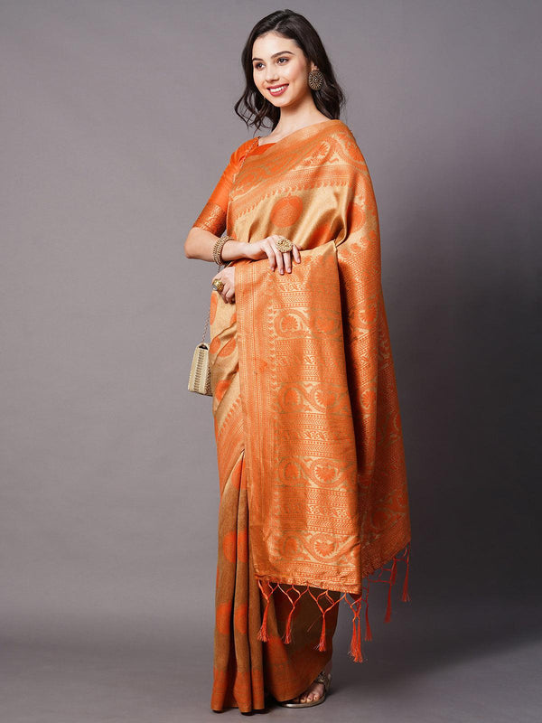 Women's Orange Festive Silk Blend Woven Design Saree With Unstitched Blouse - Odette