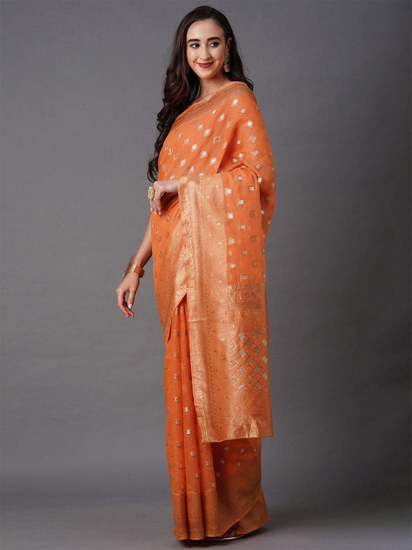 Women's Orange Festive Silk Blend Woven Design Saree With Unstitched Blouse - Odette