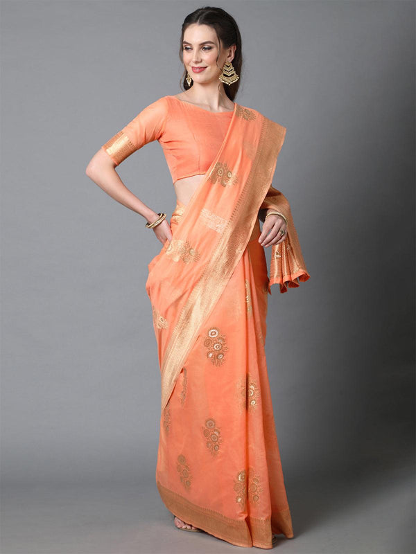 Women's Orange Festive Silk Blend Woven Design Saree With Unstitched Blouse - Odette