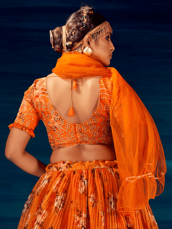 Women's Orange Organza Digital Printed Crushed Embroidery Lehenga - Odette