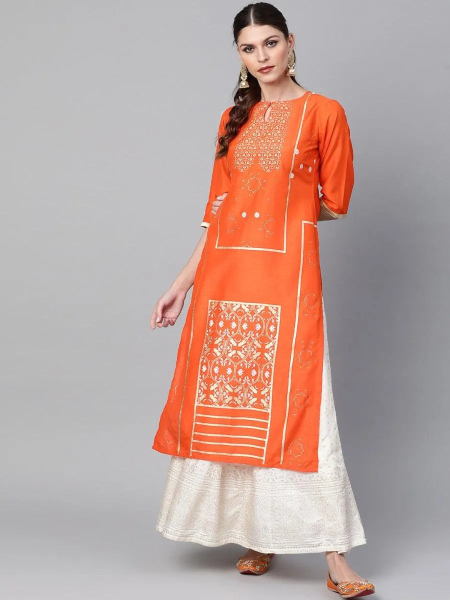 Orange Printed Chanderi Kurta - Jashvi